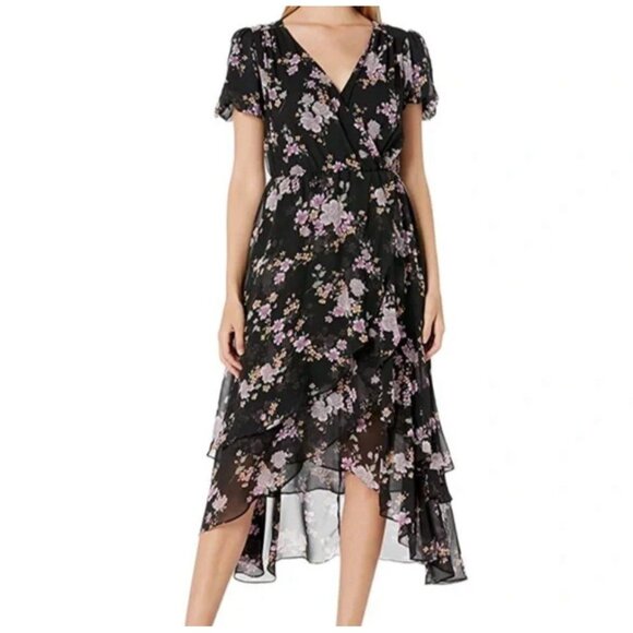 BETSEY JOHNSON BLACK FLORAL CHIFFON PUFF SLEEVE FAUX WRAP MIDI DRESS SZ 4 FAIRY - Picture 1 of 12